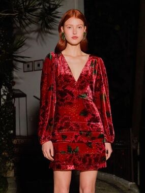 NWT FARM RIO Mini Dress Red Shiny Flowers Size S